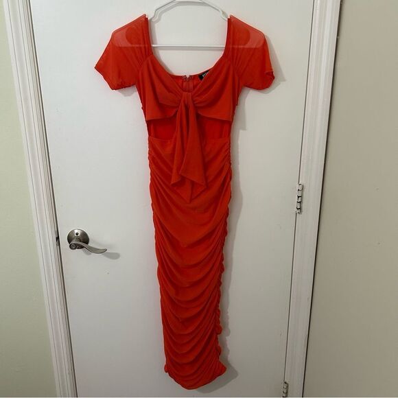 Privy | Orange mesh off shoulder ruched midi dress | medium - Picture 2 of 7